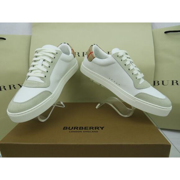 NIB BURBERRY ROBIN WHITE BEIGE CHECK LEATHER LOW LOGO SNEAKERS US 7 40 IT $870 - Picture 5 of 13